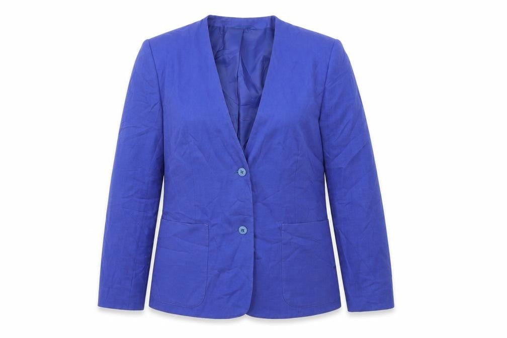 Front view of Preworn women’s blue jacket, size UK 14