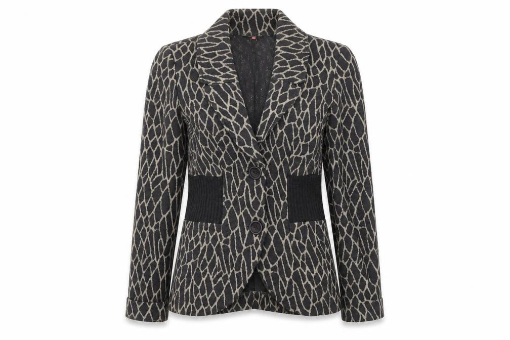 Front view of FSR women’s grey animal print jacket, size UK 10