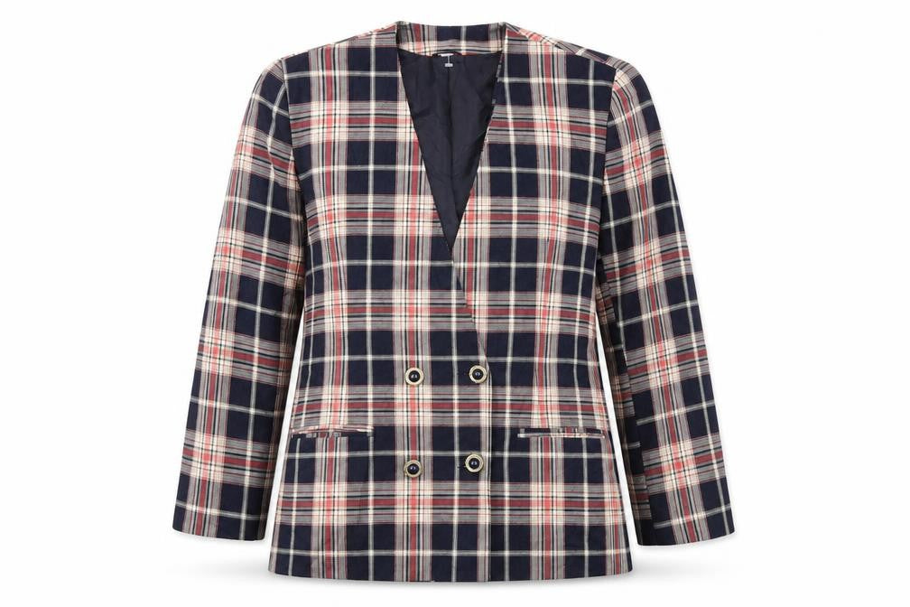 Front view of Preworn women’s blue check jacket, size UK 14