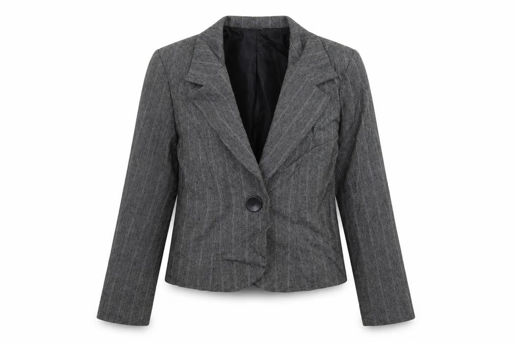 Front view of Preworn women’s grey striped jacket blazer, size UK 10