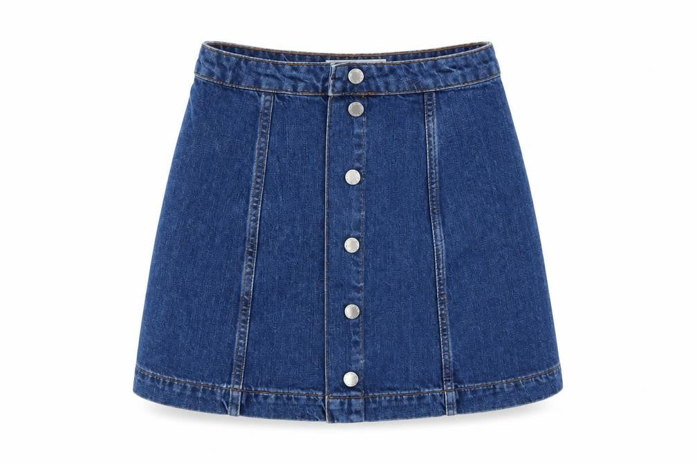 Front view of Topshop women’s blue denim a-line skirt, size UK 28, in