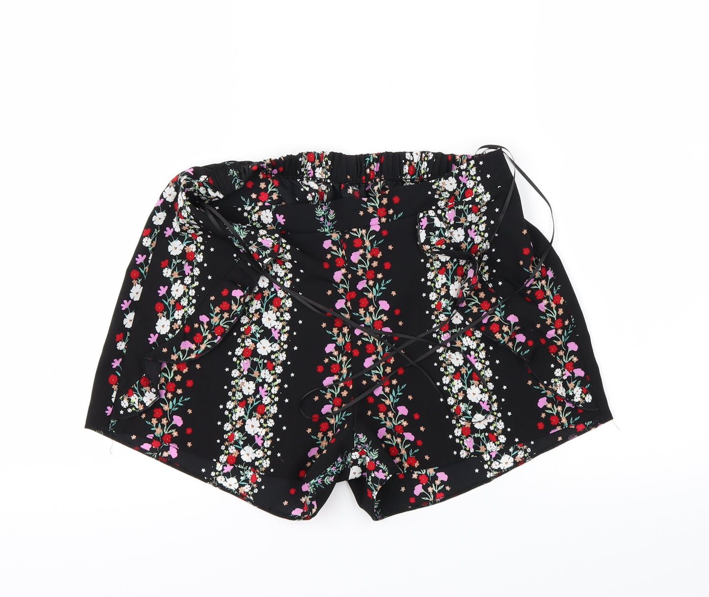 Preworn Womens Black Floral  Paperbag Shorts Size 8