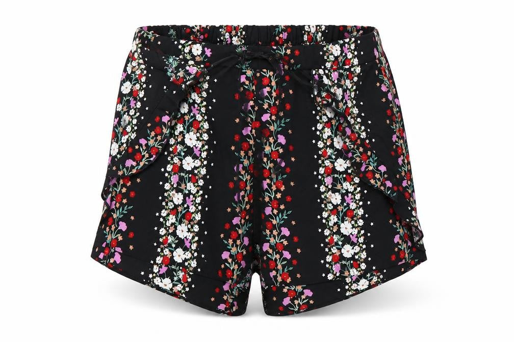 Front view of Preworn women’s black floral paperbag shorts, size UK 8