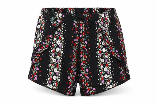 Front view of Preworn women’s black floral paperbag shorts, size UK 8