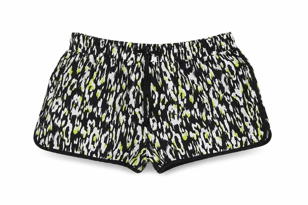 Front view of denim co women’s white geometric satin sweat shorts, size UK 8