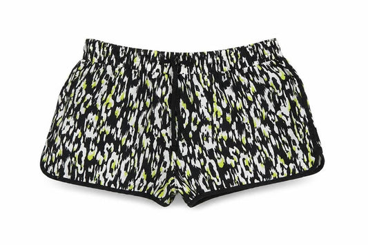 Front view of denim co women’s white geometric satin sweat shorts, size UK 8