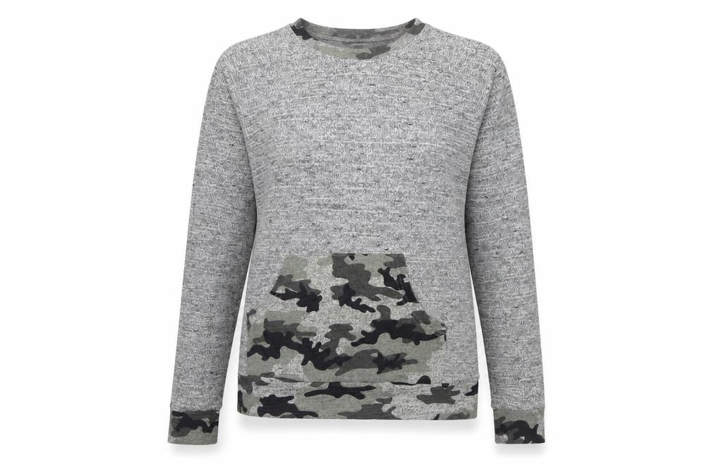 Front view of Gold Digga women’s grey camouflage knit jumper, size UK 14