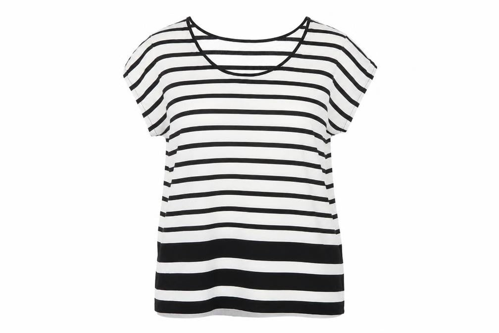 Front view of gapwhi women’s white striped chiffon basic t-shirt, size L