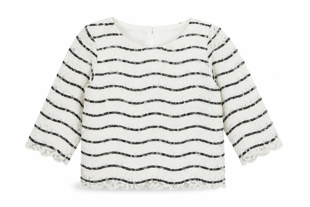 Front view of Young Dimension girls’ white striped basic blouse, size 6-7, years