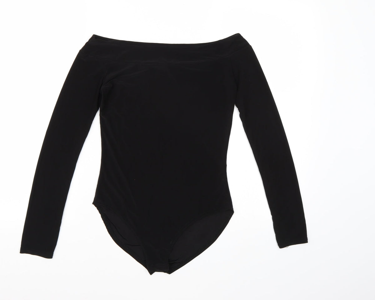 Front view of Boohoo women’s black bodysuit one-piece, size UK 8