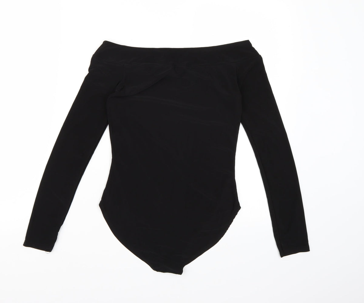Back view of Boohoo women’s black bodysuit one-piece, size UK 8