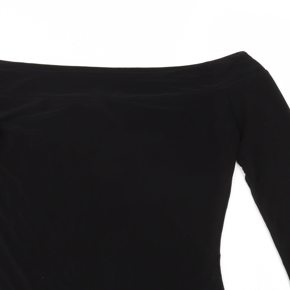 Close-up detail of Boohoo women’s black bodysuit one-piece, size UK 8