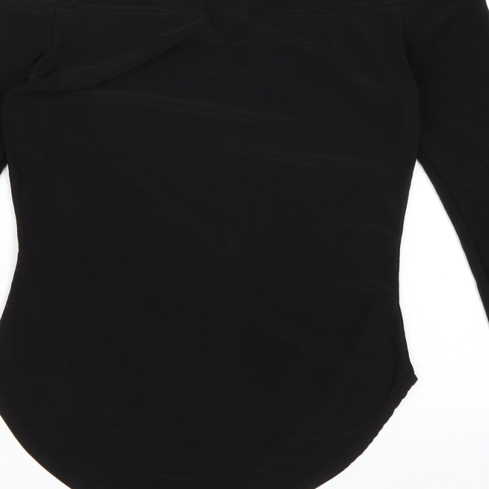 Brand and care label for Boohoo women’s black bodysuit one-piece, size UK 8