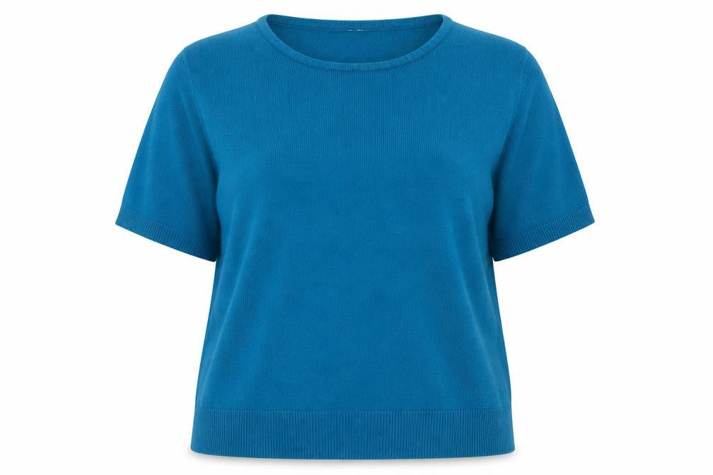 Front view of preworn women’s blue jumper, size UK 14