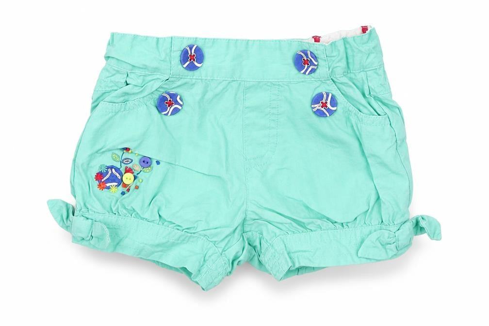 Front view of mamas & papas girls’ blue cargo trousers, size 3-6, months - shorts