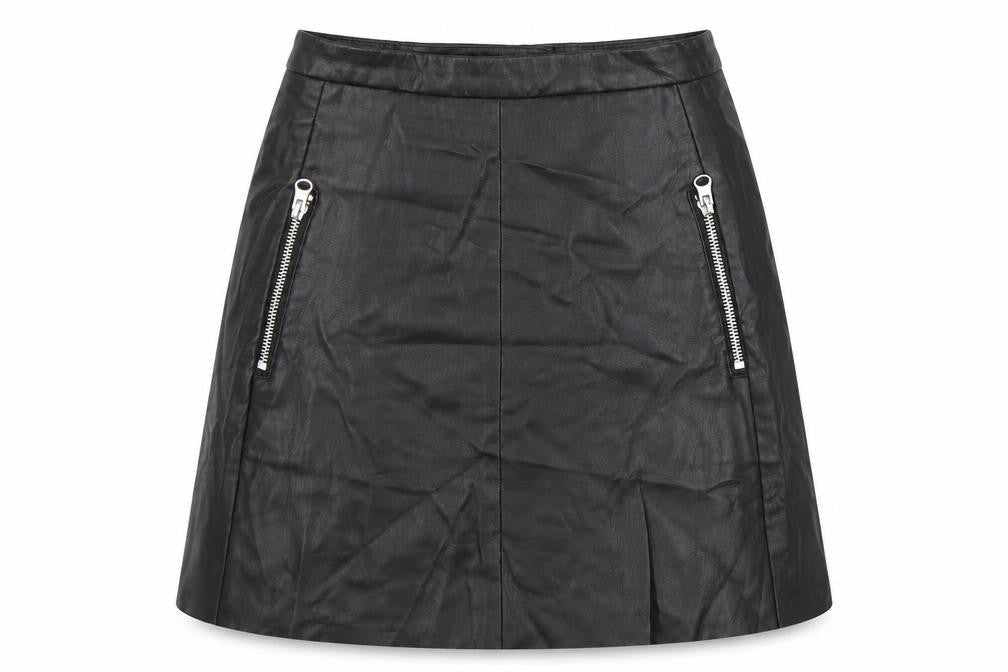 Front view of H&M women’s black pleated skirt, size UK 6, - faux leather