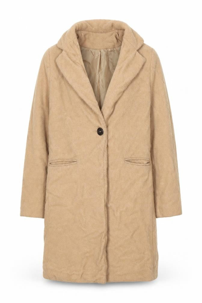 Front view of New Look women’s beige overcoat coat, size UK 10