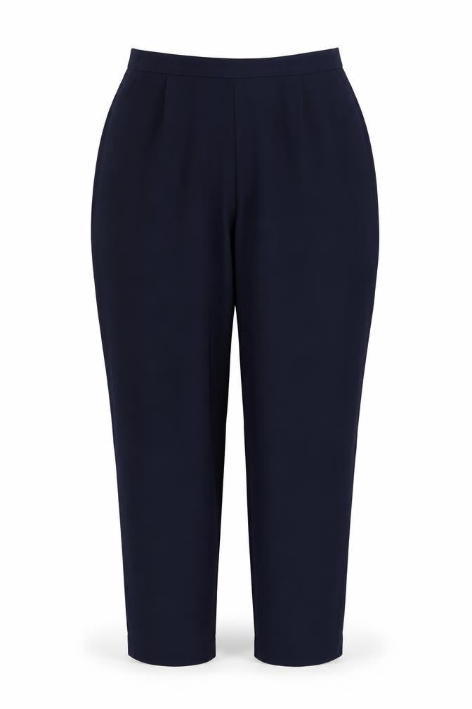 Front view of pre worn women’s blue trousers, size UK 20, 34-inch leg