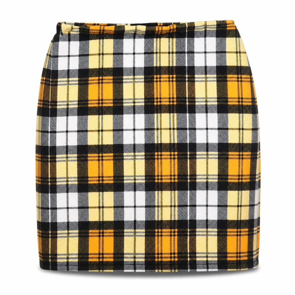 Front view of PRETTYLITTLETHING pretty little thiung women’s yellow mini skirt, size UK 6