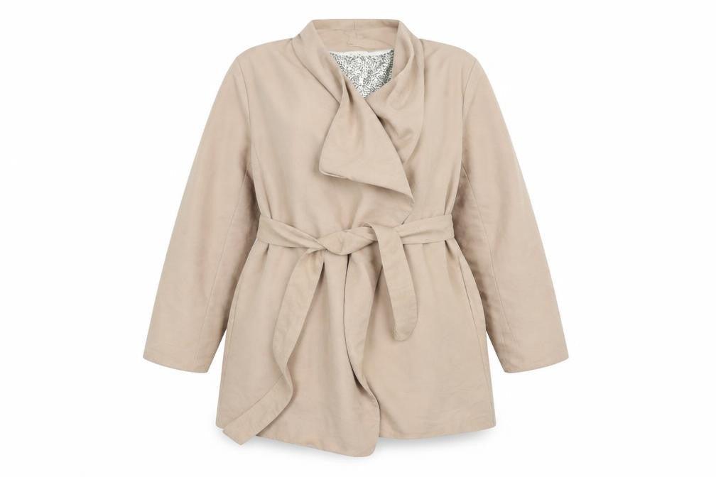 Front view of pre worn women’s beige jacket coat, size UK 16