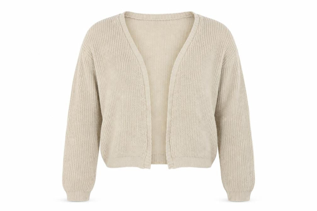 Front view of Boohoo women’s beige knit cardigan jumper, size M