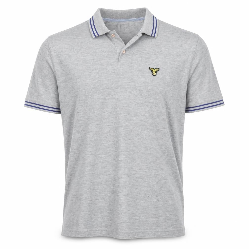Front view of Le Breve men’s grey polo, size M