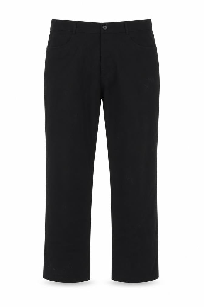 Front view of detail men’s black trousers, size 35, in, 27-inch leg