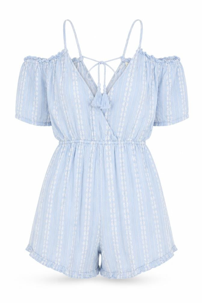 Front view of women’s blue jumpsuit one-piece, size S