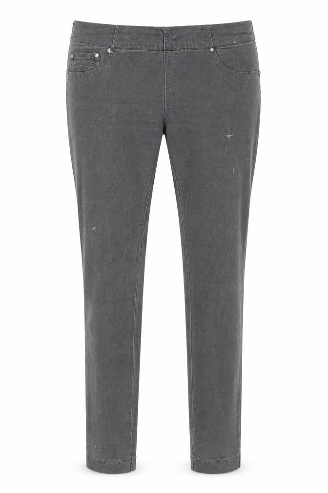 Front view of Preworn women’s grey trousers, size UK 12, 27-inch leg