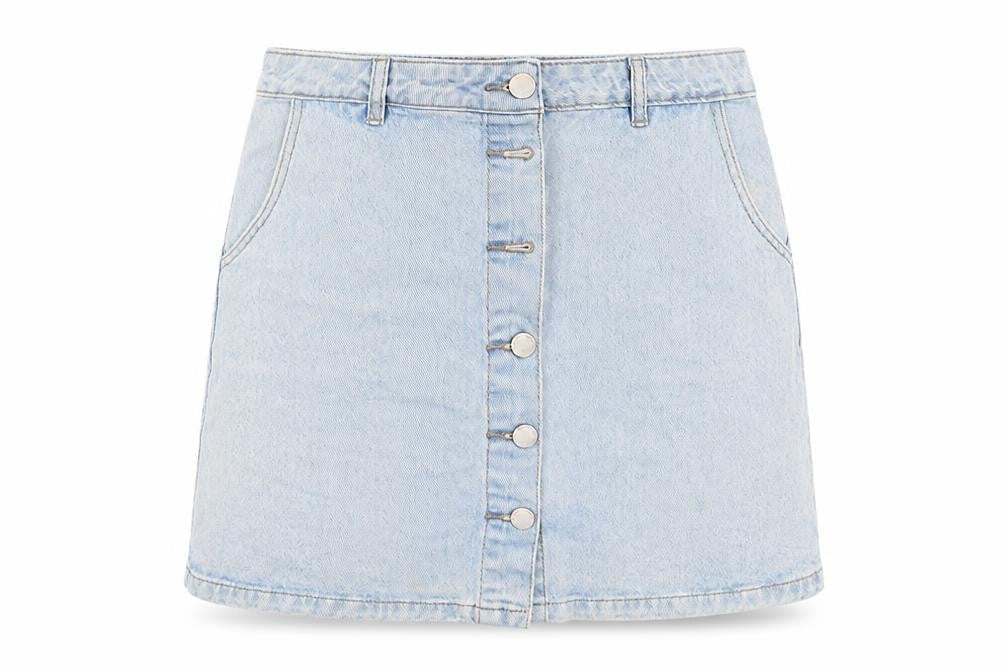 Front view of New Look women’s blue a-line skirt, size UK 10