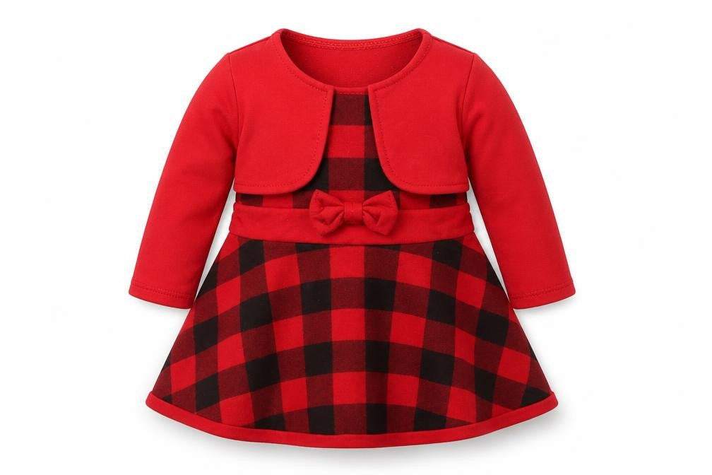 Front view of Preworn girls’ red check a-line, size 12, months