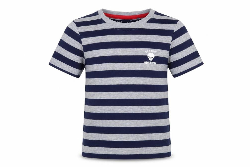 Front view of Hullabaloo boys’ blue striped basic t-shirt, size 5-6, years - beyond awesome