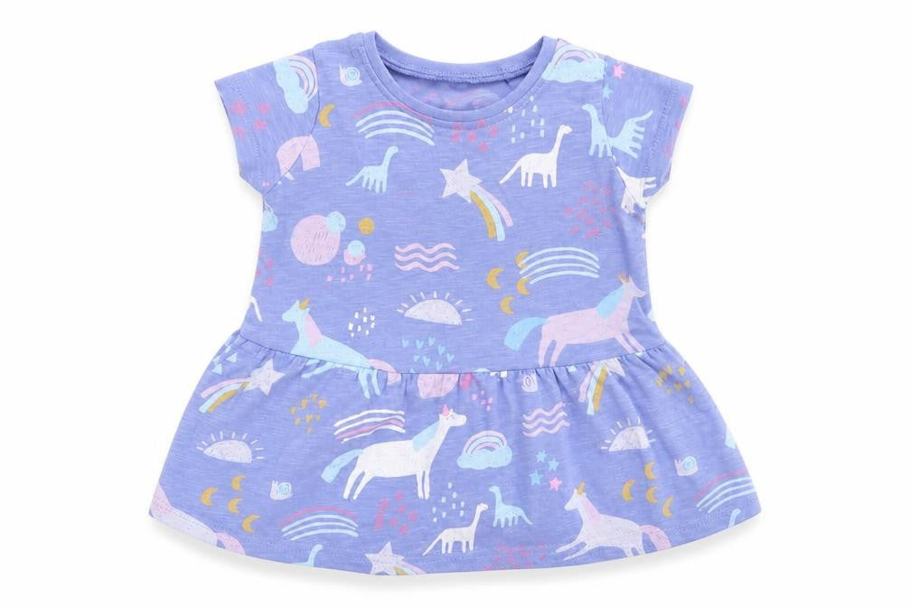 Front view of Next girls’ blue t-shirt dress, size 3-6, months - dinosaurs and unicorns