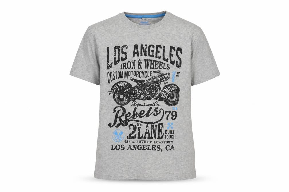 Front view of Rebel boys’ grey pullover t-shirt, size 9-10, years - los angeles iron & wheels