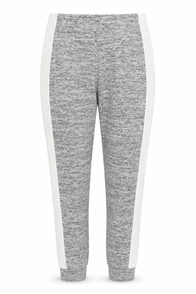Front view of Boohoo women’s grey striped sweatpants, size UK 10, 28-inch leg