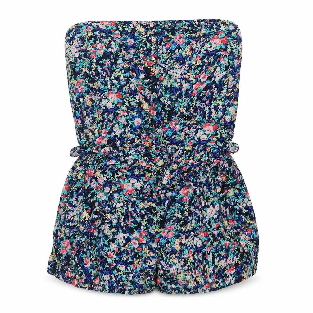 Front view of Paris women’s blue floral playsuit one-piece, size S
