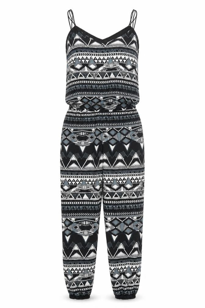 Front view of Noisy May women’s grey geometric jumpsuit one-piece, size XS, 28-inch leg