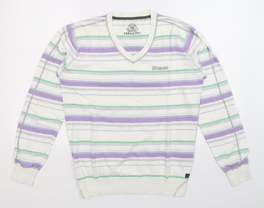 Jack Wilkins Mens White Striped Knit Pullover Jumper Size L