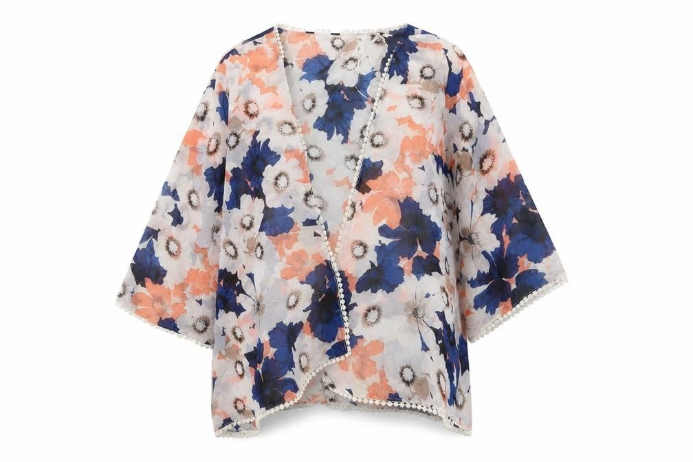 Front view of New Look women’s white floral cardigan jumper, size UK 8