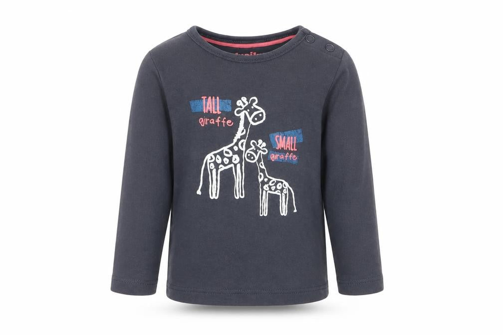 Front view of Lupilu girls’ black basic t-shirt, size 3-6, months - giraffe