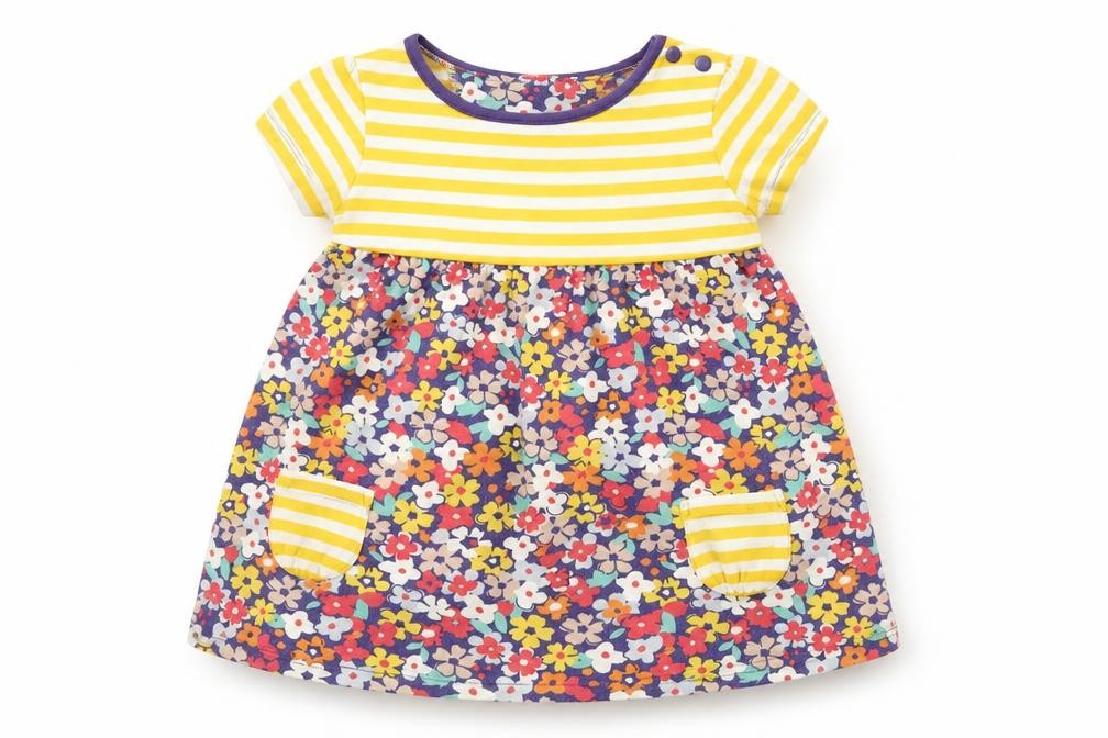 Front view of Boots Mini Club girls’ blue floral t-shirt dress, size 6-9, months
