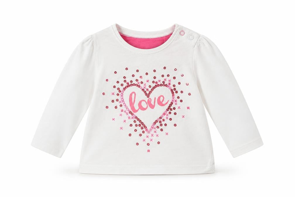 Front view of Mothercare girls’ white basic t-shirt, size 6-9, months - love heart