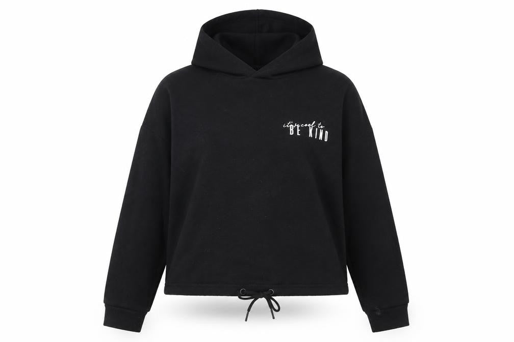 Front view of Peacocks women’s black pullover hoodie, size UK 8