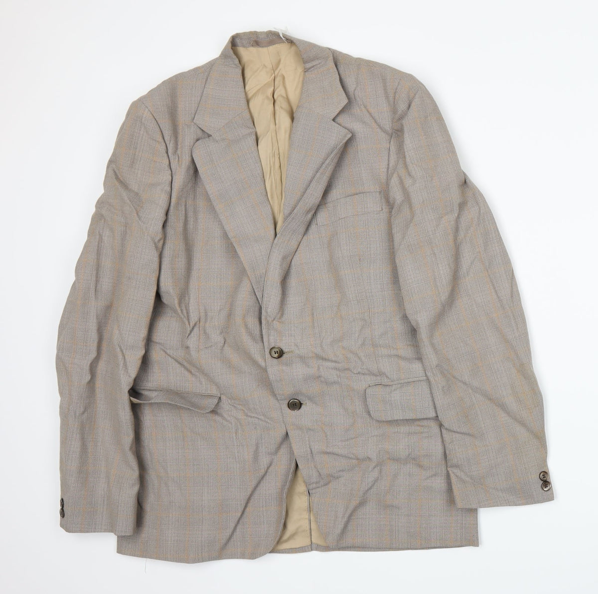 Additional front view of Preworn men’s beige plaid jacket suit jacket, size M