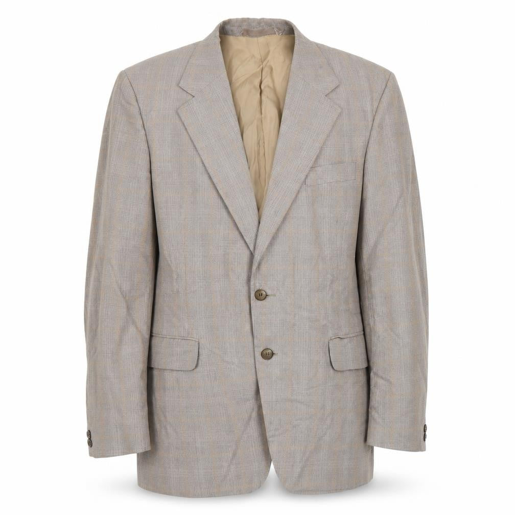 Front view of Preworn men’s beige plaid jacket suit jacket, size M