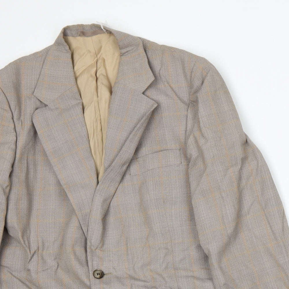 Close-up detail of Preworn men’s beige plaid jacket suit jacket, size M