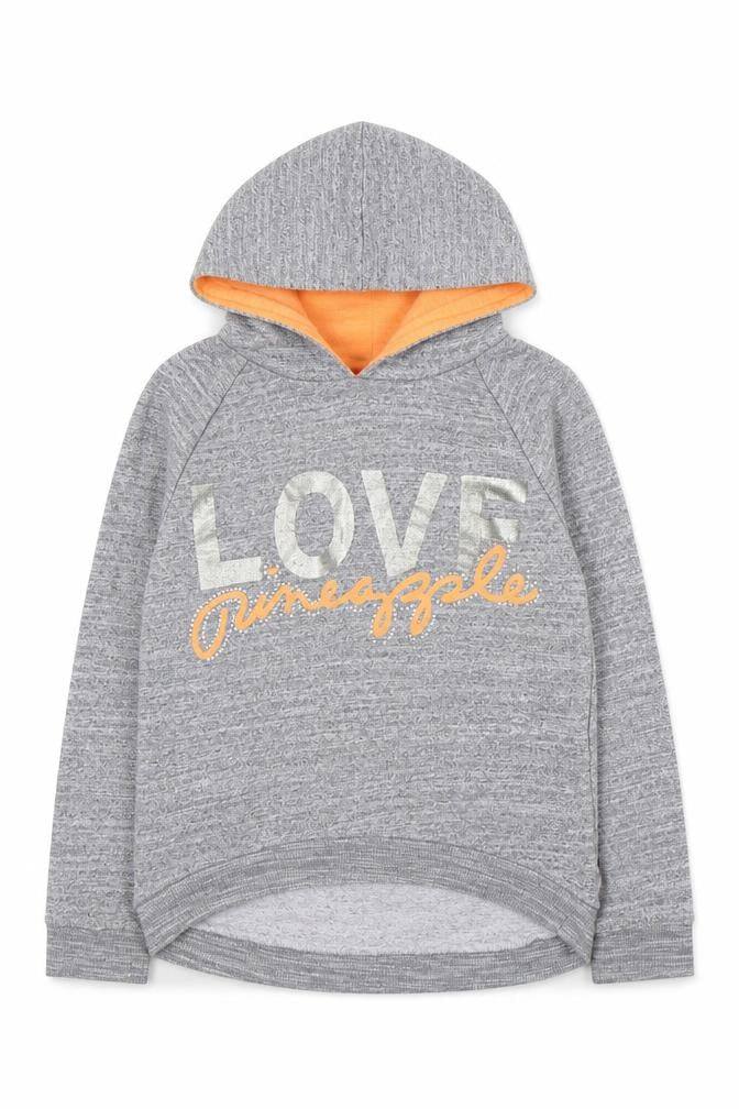 Front view of Pineapple girls’ grey pullover hoodie, size 11-12, years