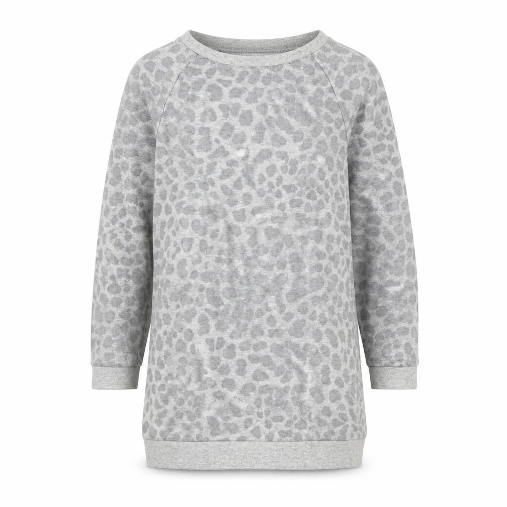 Front view of Emma Runton girls’ grey animal print jersey pullover sweatshirt, size 5-6, years