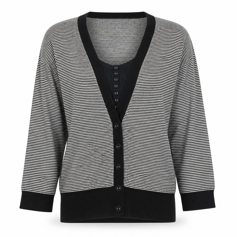 Front view of Next women’s black striped jumper, size UK 12