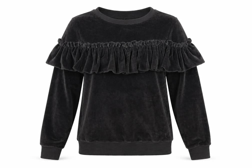 Front view of women’s grey pullover sweatshirt, size S